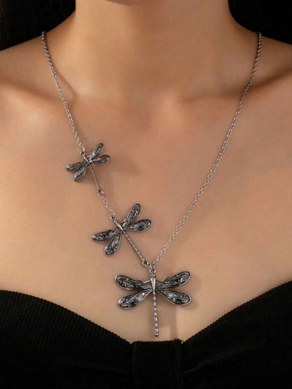 Silver Dragonfly Pendant Layered Necklace - Women Jewelry